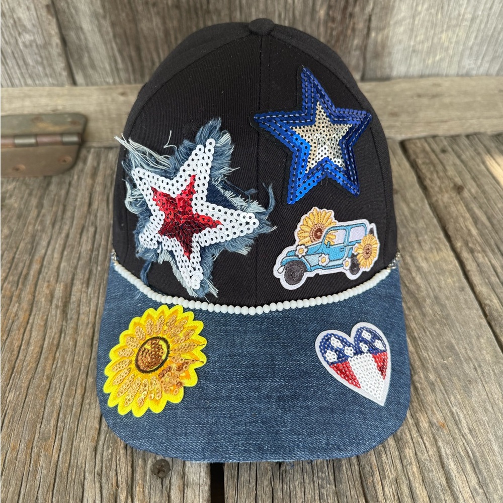 Black Trucker Hat Blue Jean Denim Bill Has Red White Blue Stars Jeep Heart Patch